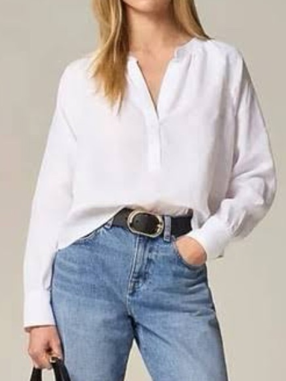 J Crew Women XS Cabana popover top in linen in white long sleeve relaxed fit